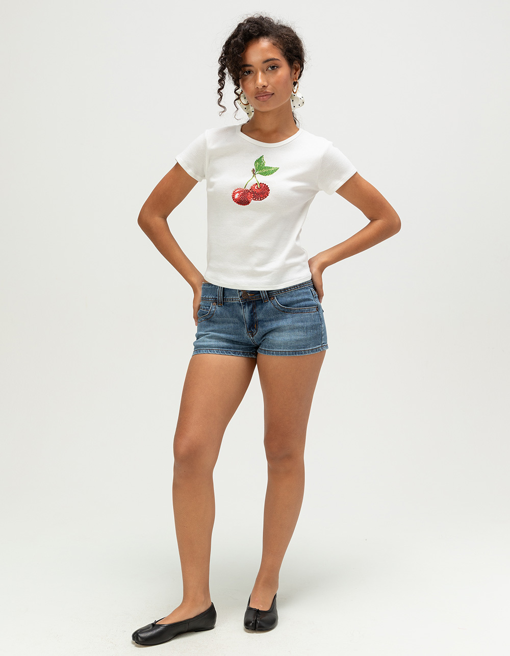 FULL TILT Cherry Rhinestone Womens Tee - WHITE