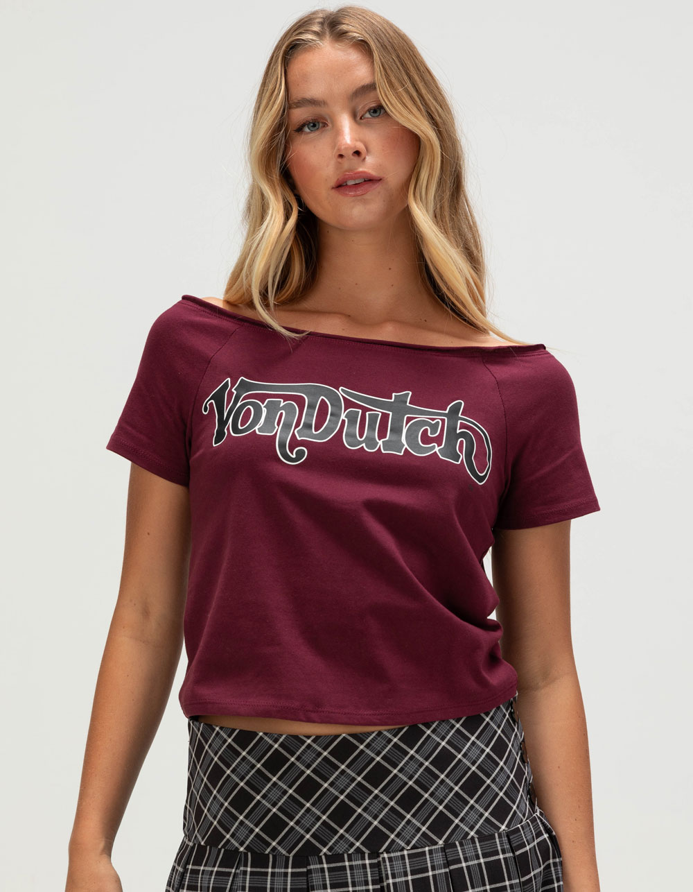 VON DUTCH Womens Off The Shoulder Top - PLUM