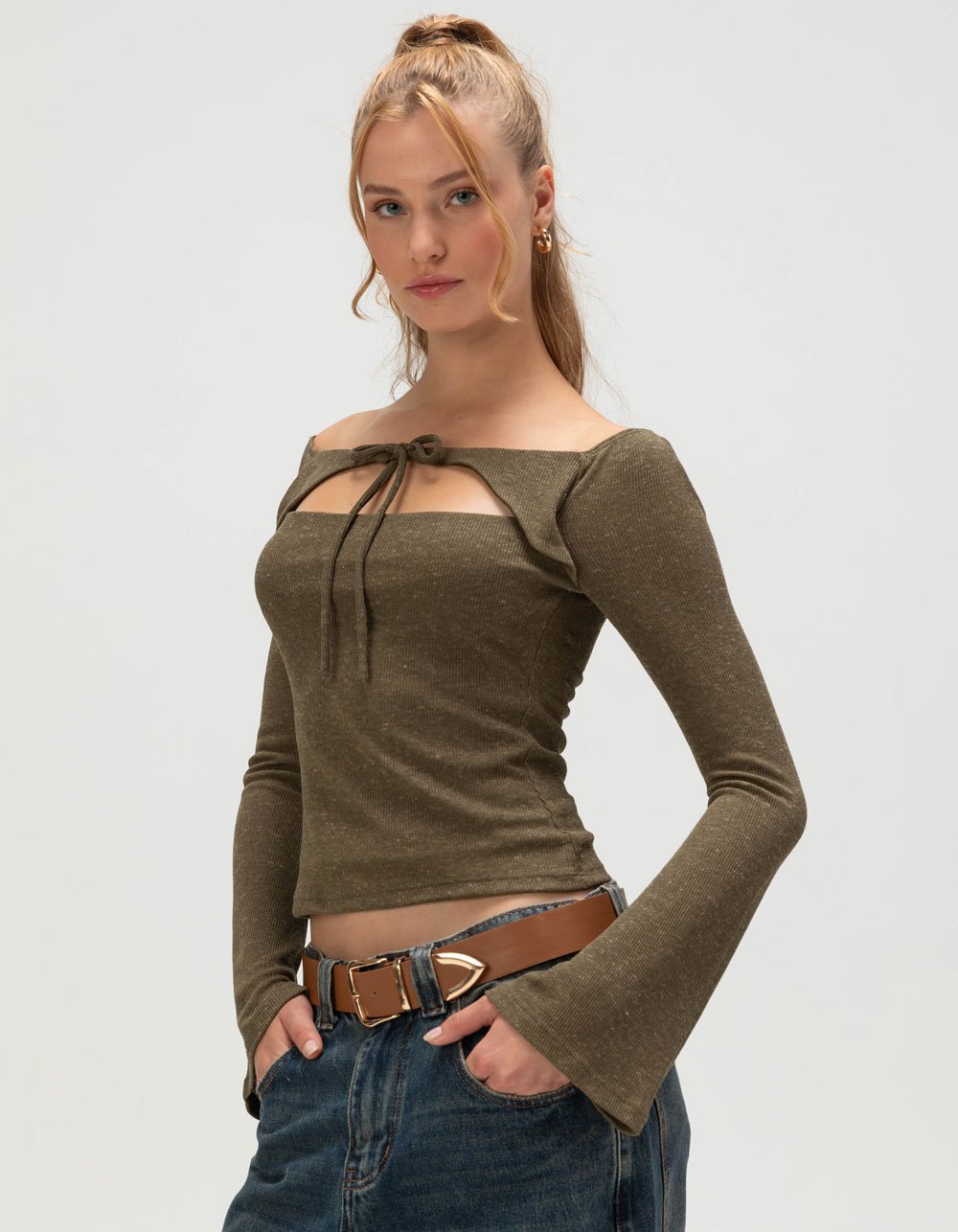 WEST OF MELROSE Womens Off The Shoulder Open Tie Front Top - OLIVE