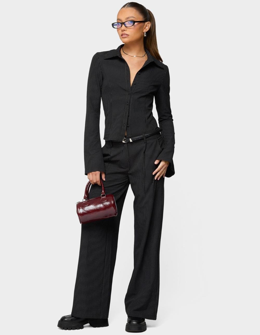 EDIKTED Pinstripe Tailored Straight Leg Pants - BLACK