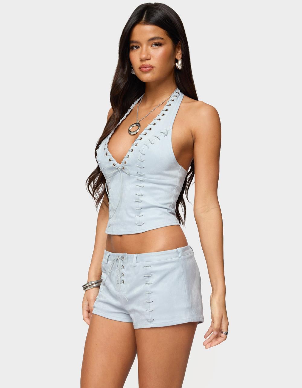 EDIKTED Sloane Faux Suede Halter Top - LIGHT BLUE