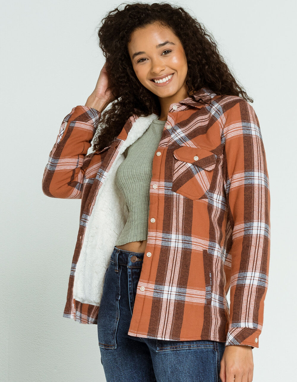 RSQ Sherpa Lined Plaid Womens Rust 