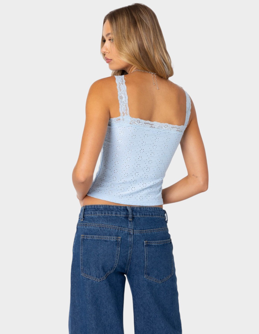 EDIKTED Virginia Lace Trim Eyelet Tank Top - LIGHT BLUE