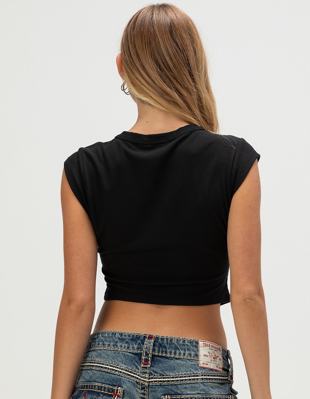 TRUE RELIGION Distressed Buddha Crystal Womens V-Notch Baby Tee - BLACK