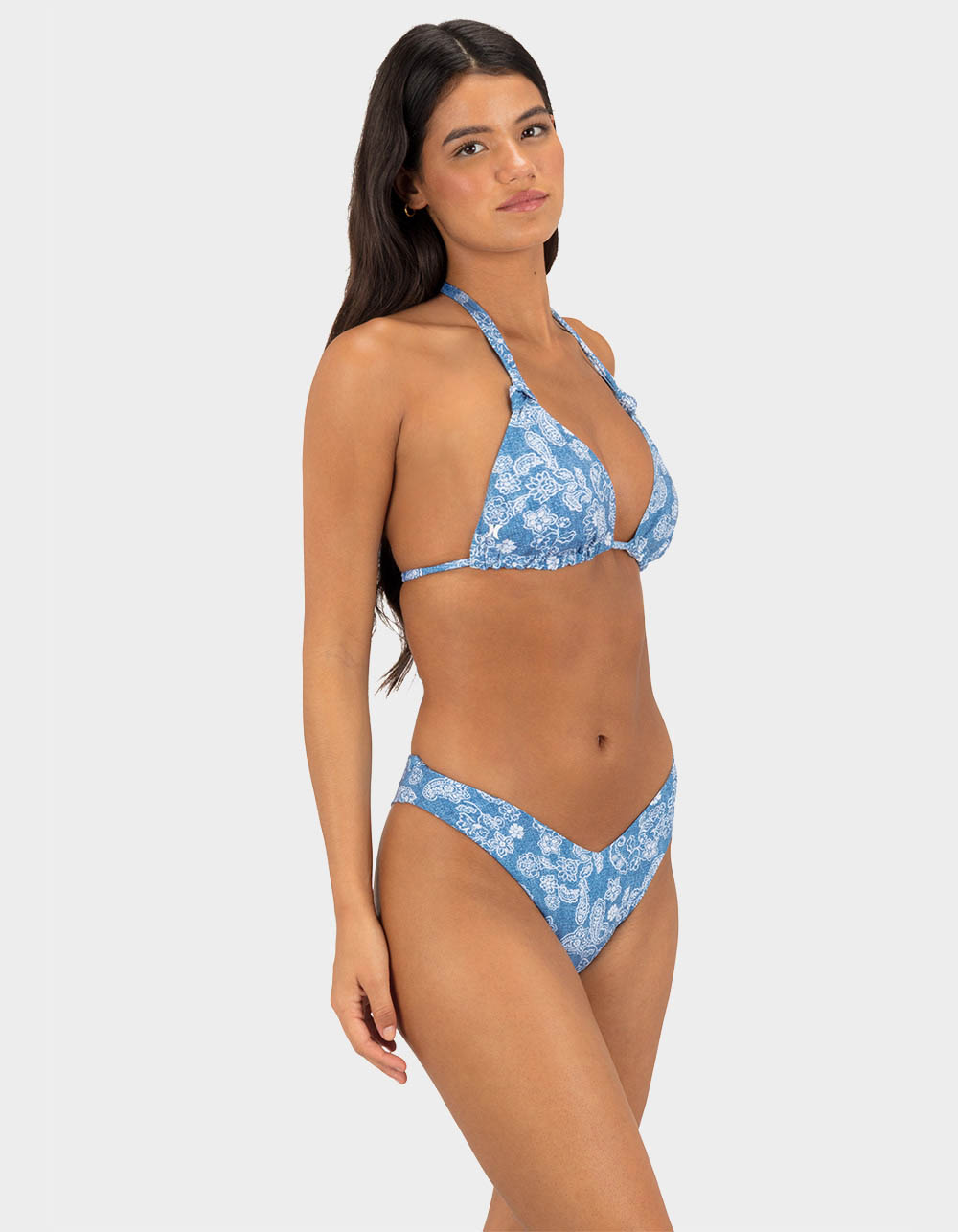 HURLEY Denim Paisley V-Front Skimpy Bikini Bottoms - MEDIUM BLUE