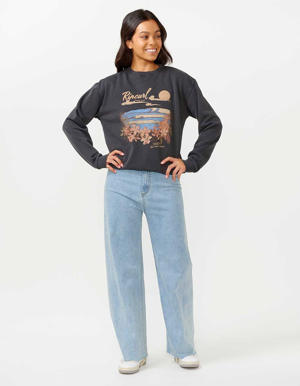 RIP CURL Wave Gliders Womens Relaxed Crewneck Sweatshirt - WASHED BLACK