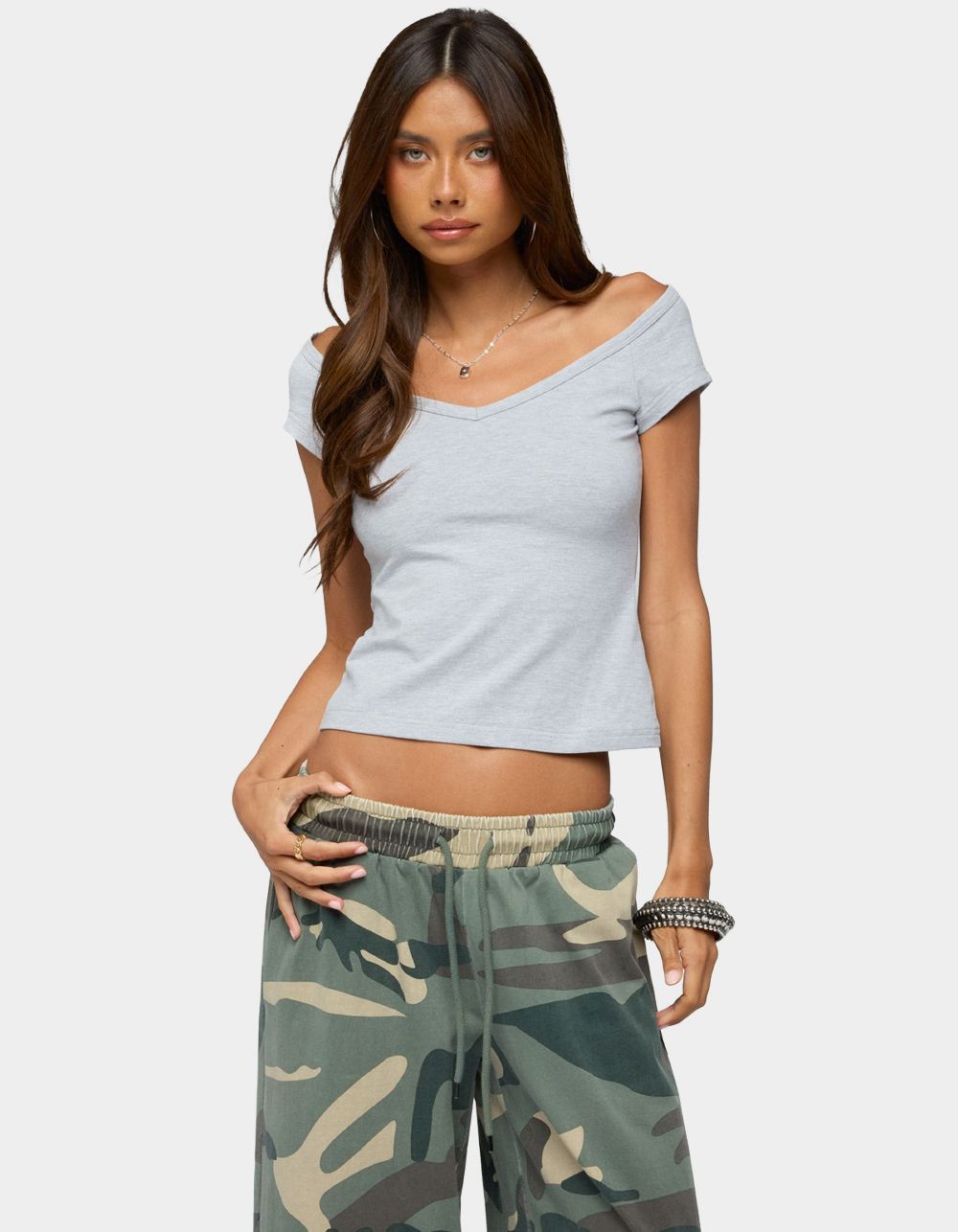 EDIKTED Calie Off Shoulder V-Neck Top - GRAY