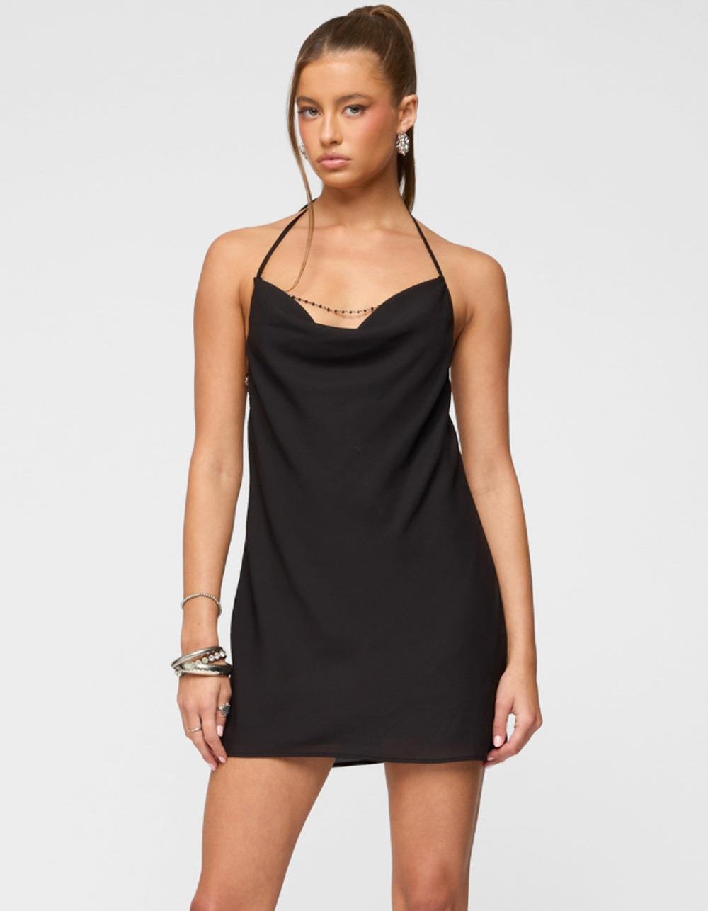 EDIKTED Bead Backless Cowl Neck Mini Dress - BLACK