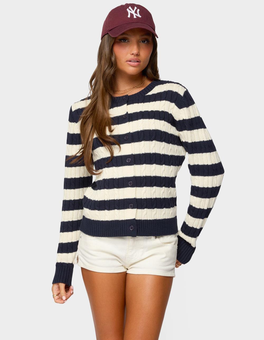 EDIKTED Mildred Striped Cable Knit Cardigan - NAVY