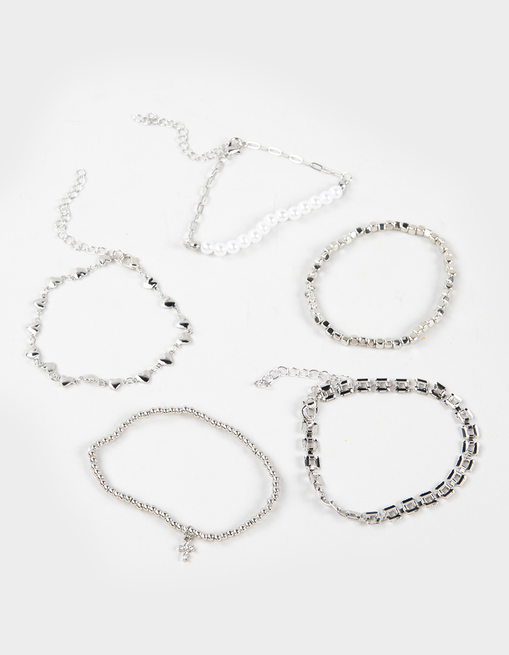 FULL TILT 5 Pack Cross/Pearl/Heart Bracelets - SILVER