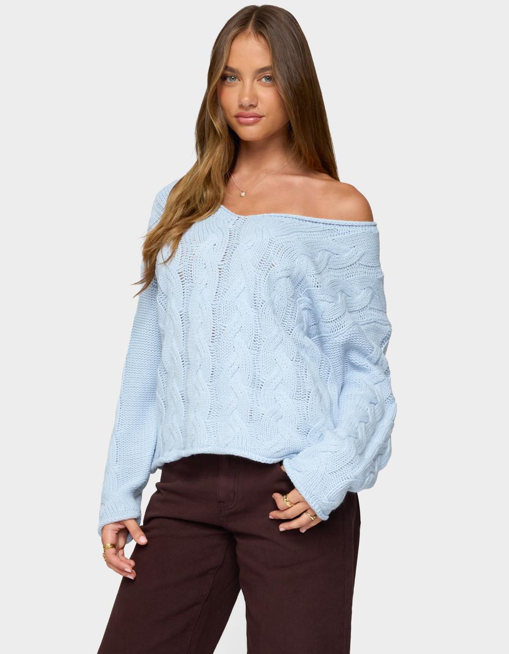 EDIKTED Inga Oversized Cable Knit Sweater - LIGHT BLUE
