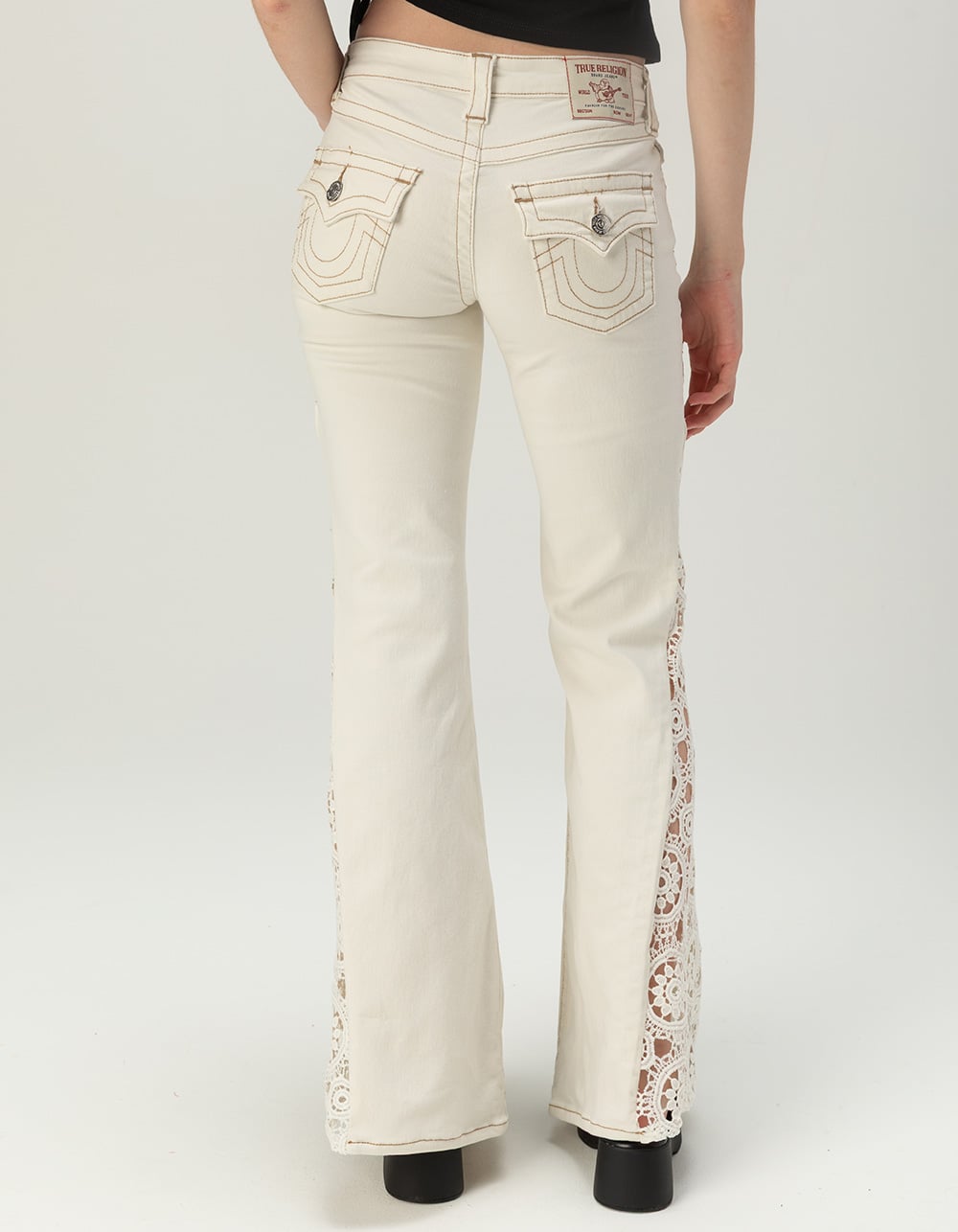 TRUE RELIGION Crochet Mid Rise Flap Womens Flare Jeans - WHITE