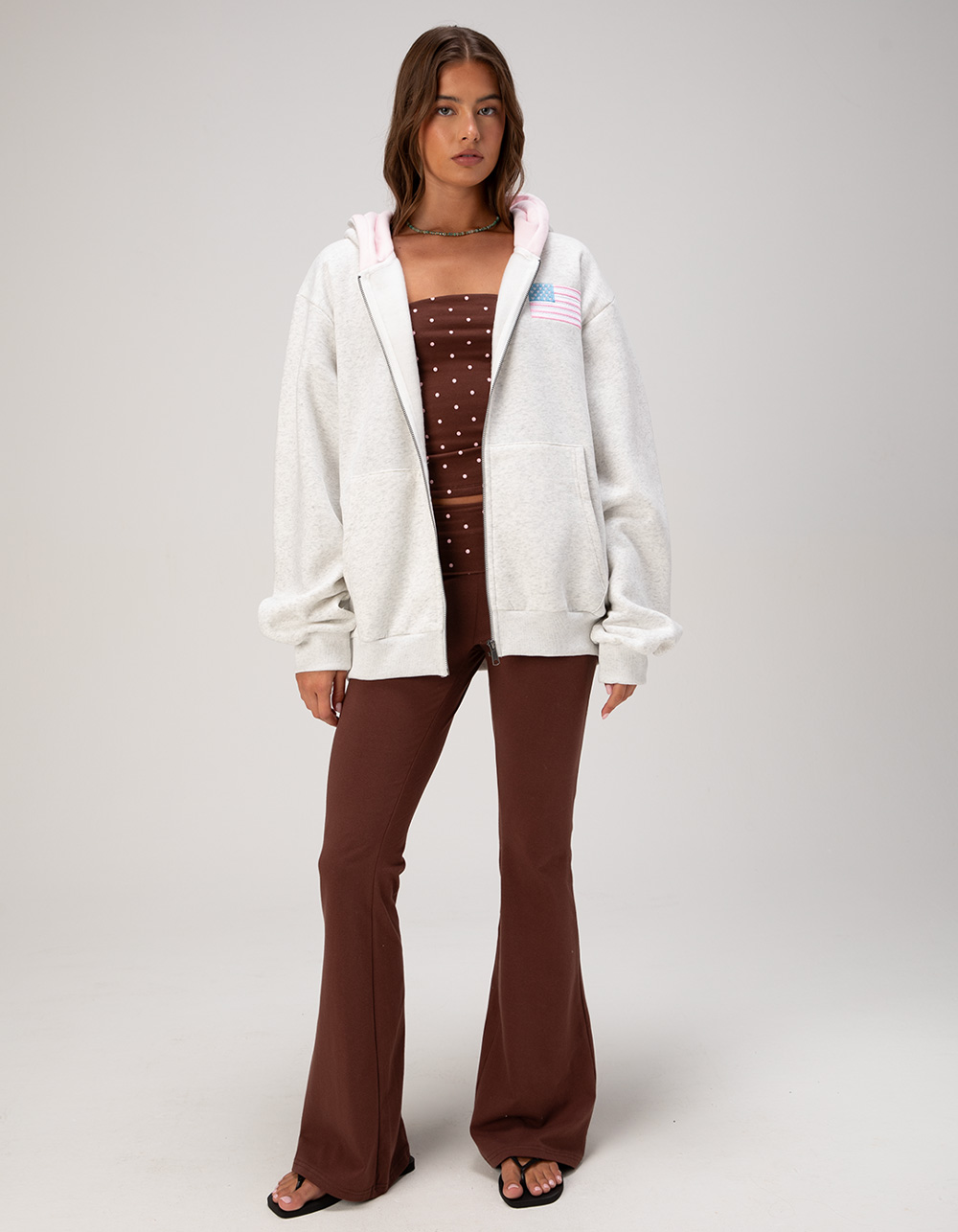 HAPPY CAMP3R Pink Flag Womens Zip-Up Hoodie - HEATHER GRAY