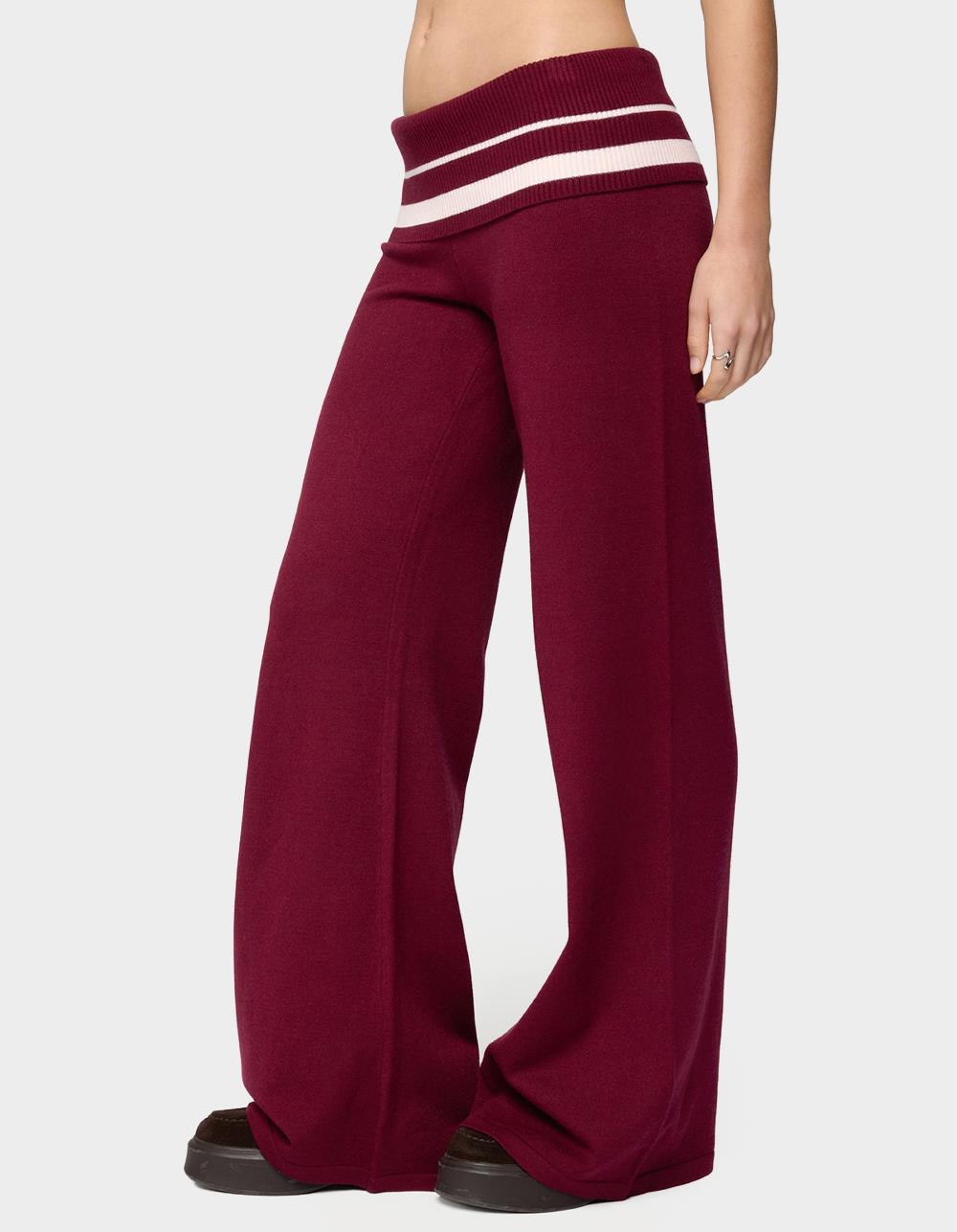 EDIKTED Kaliya Stripey Foldover Knit Pants - DK RED