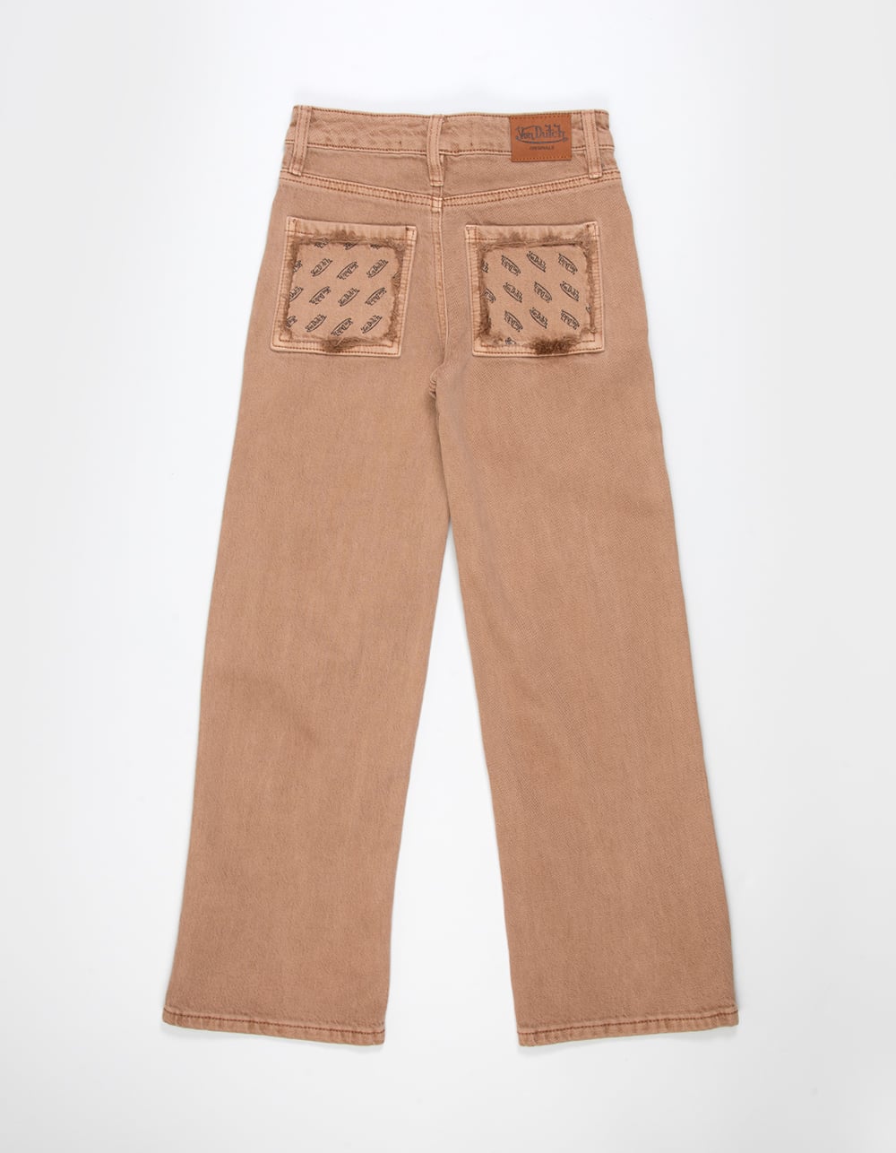 VON DUTCH High Rise Frayed Pocket Girls Wide Leg Jeans - BROWN