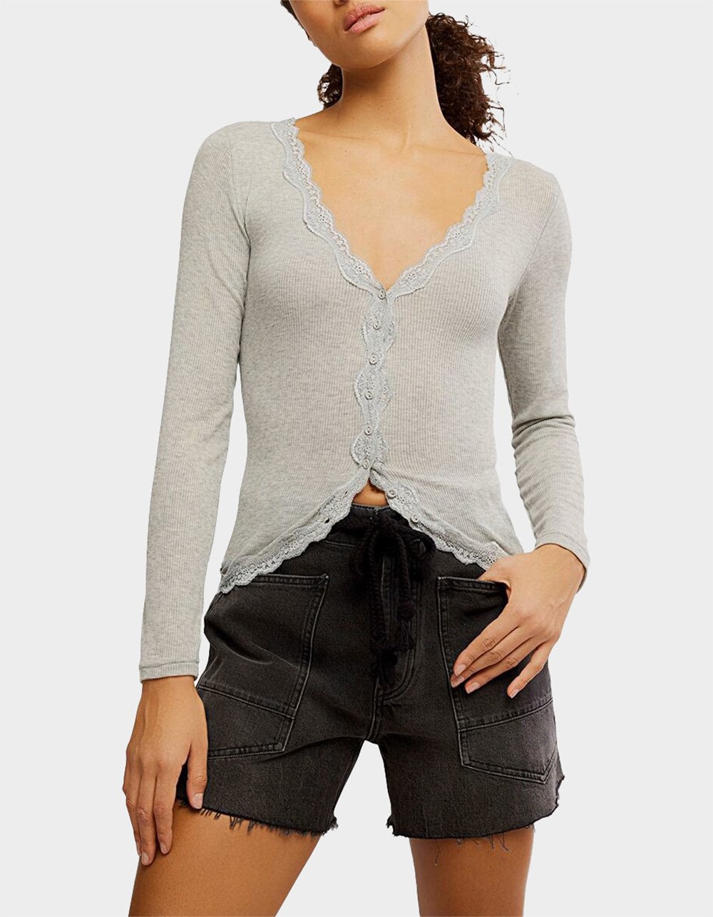 FREE PEOPLE Big Love Womens Rib Cardigan - HEATHER GRAY
