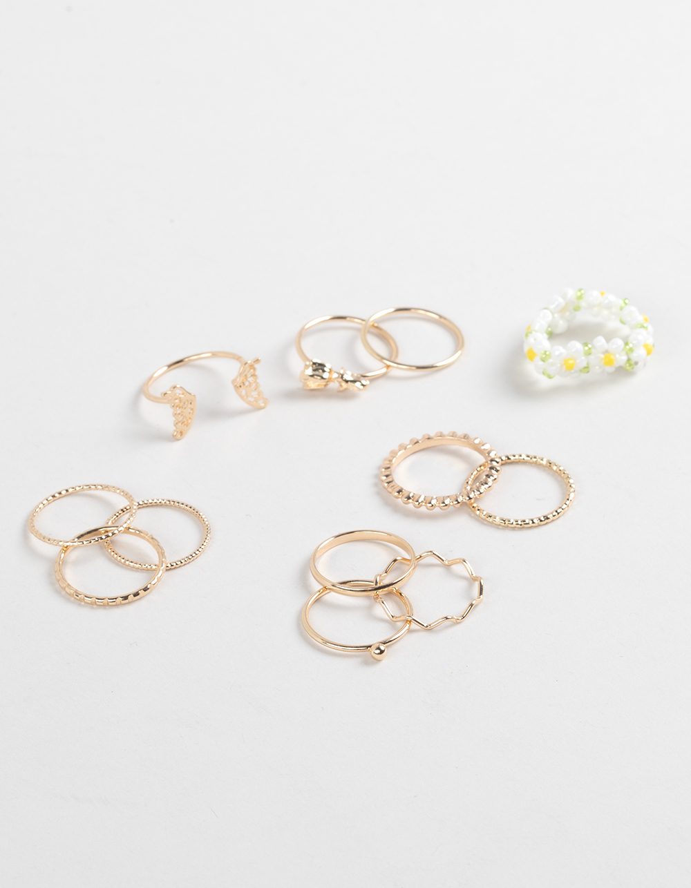 FULL TILT 12 Pack Beaded Floral/Butterfly Rings - GOLD