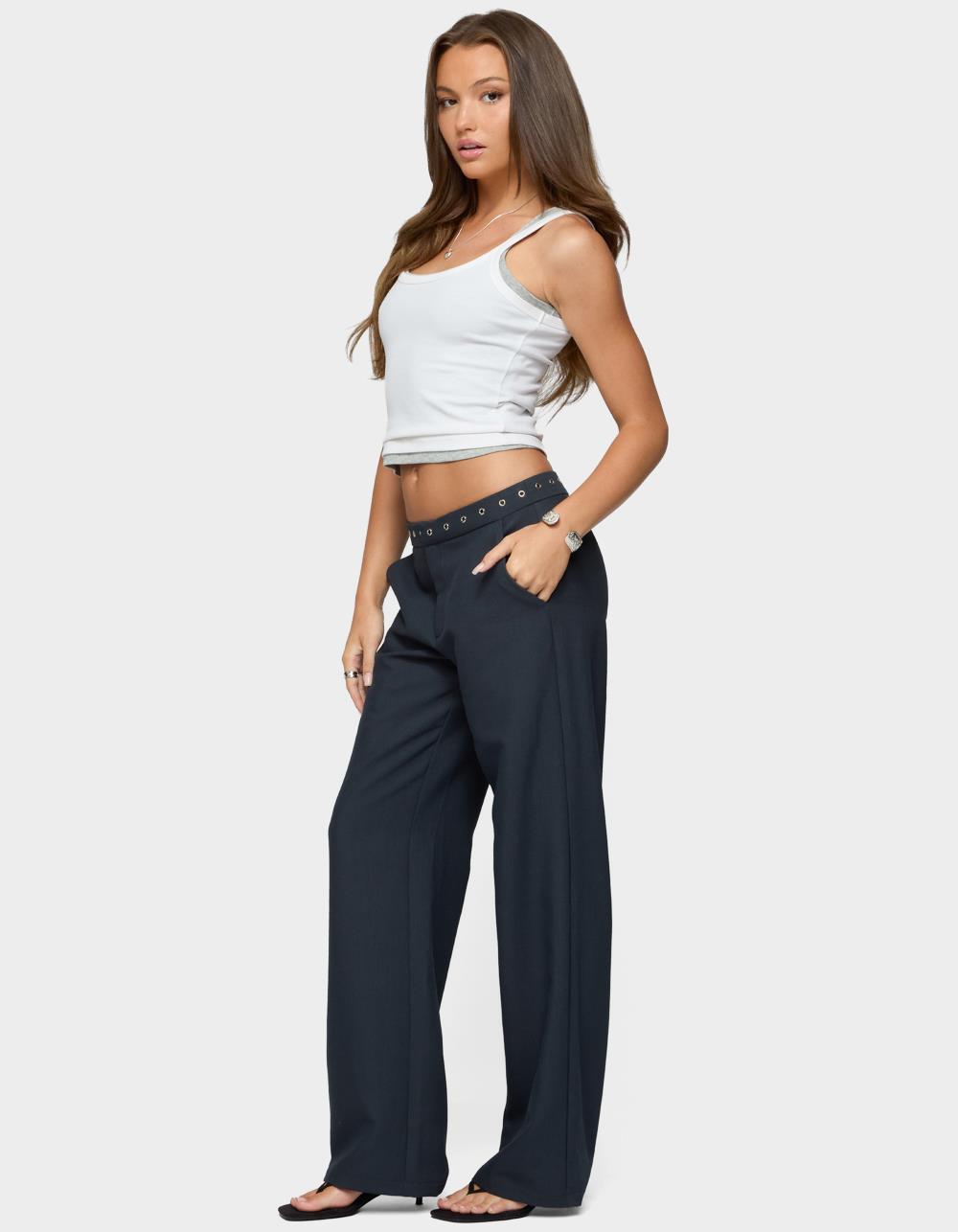 EDIKTED Ayve Eyelet Waist Straight Leg Pants - GRAY
