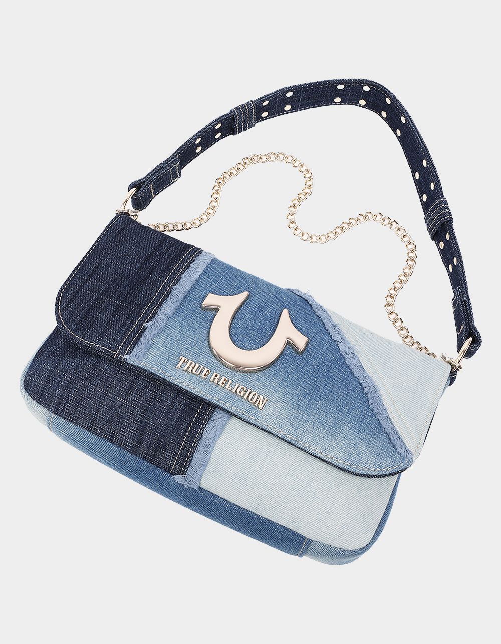 TRUE RELIGION Frayed Denim Horseshoe Hobo Bag - DENIM
