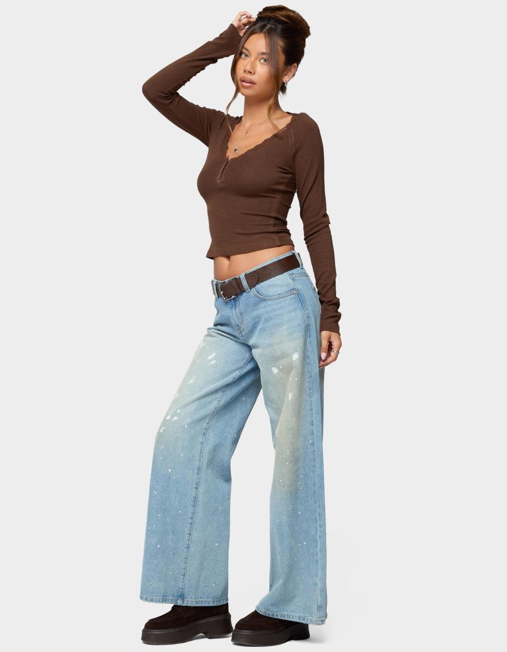 EDIKTED Shanah Lacey Henley Top - BROWN