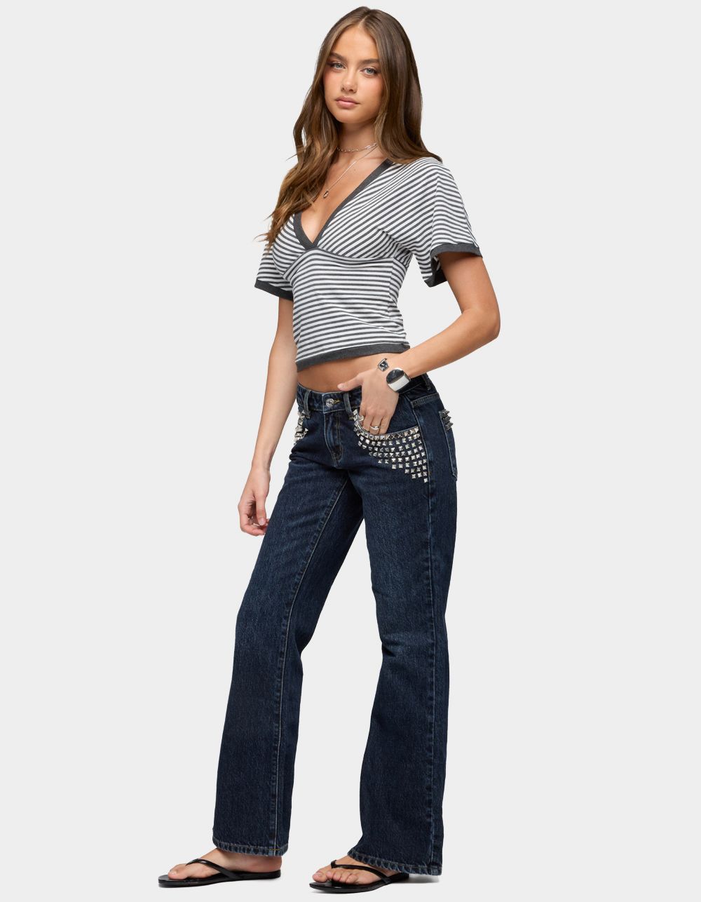EDIKTED Primrosa Striped V-Neck Flutter Top - DARK GRAY