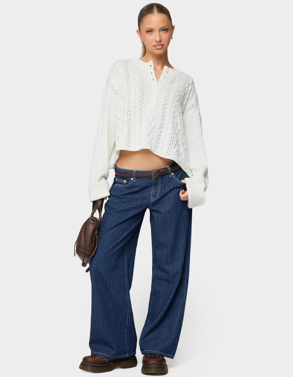 EDIKTED Petite Pinstripe Low Rise Baggy Jeans - NAVY