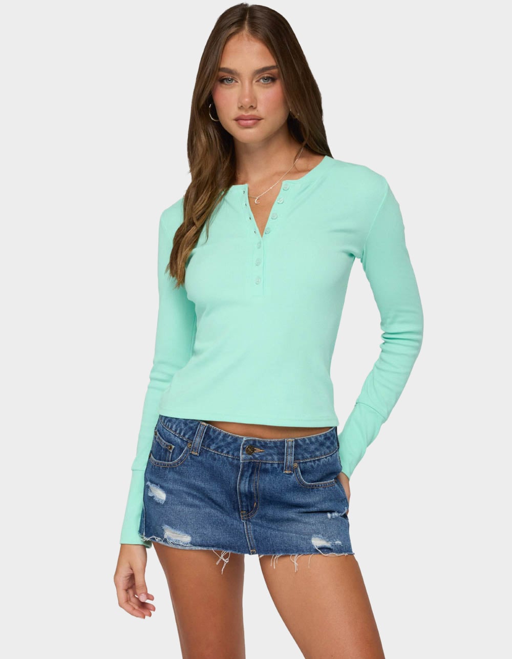 EDIKTED Yerin Long Sleeve Henley Ribbed Top - TURQUOISE