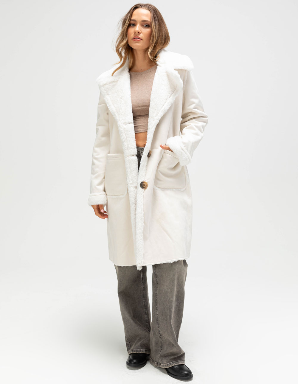 NVLT Shearling Womens Coat - CREAM