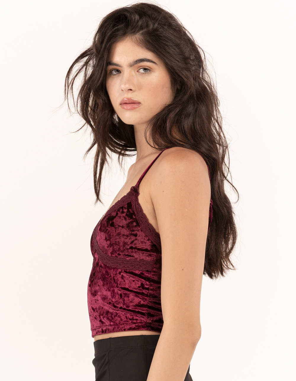FULL TILT Velvet Lace Trim Womens Cami BURGUNDY Tillys