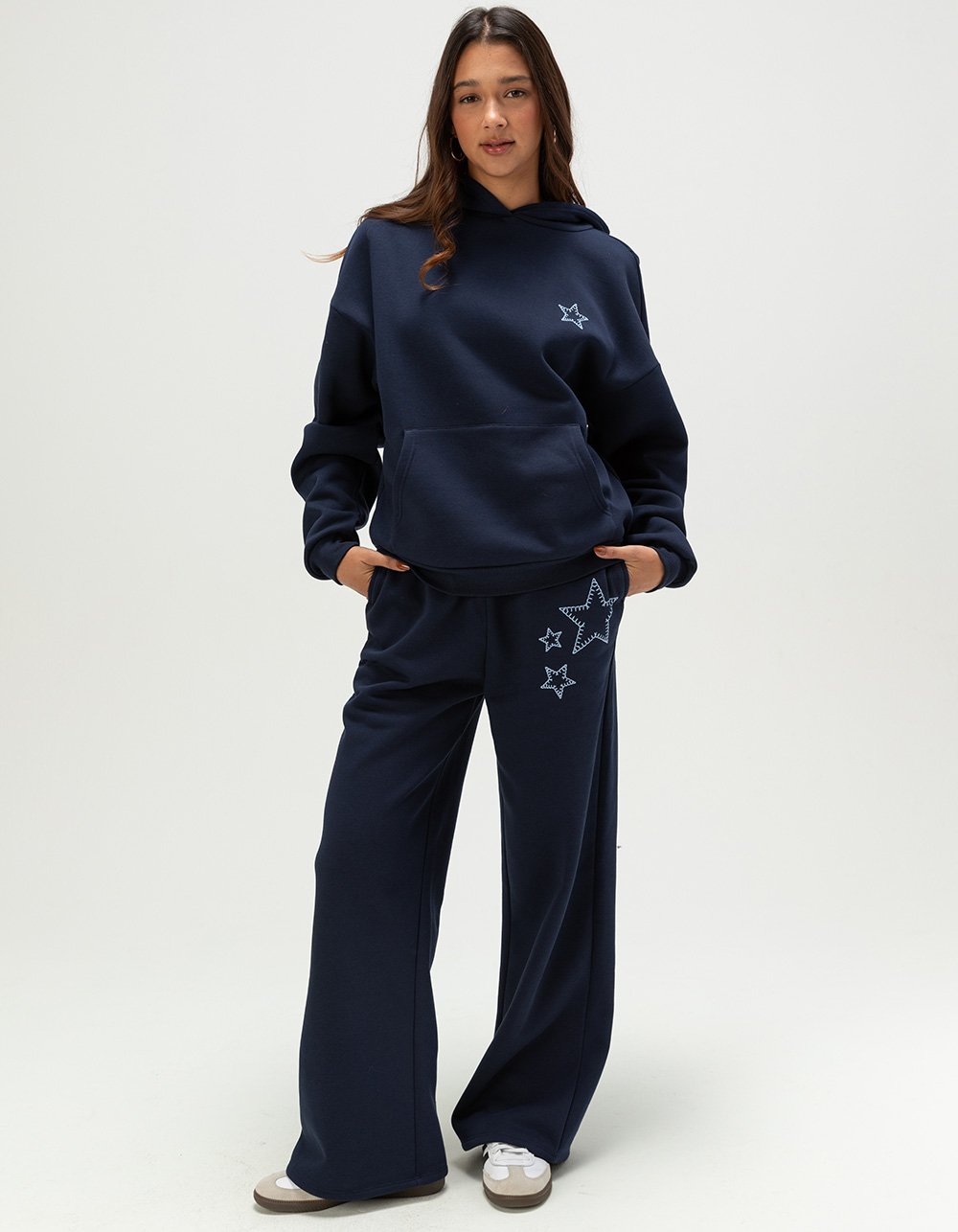 FULL TILT Womens Embroidered Star Hoodie - NAVY COMBO