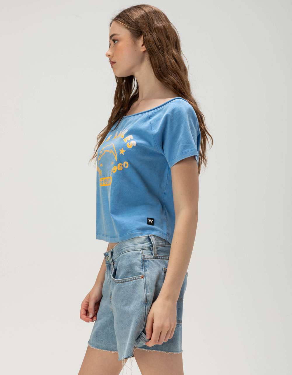The WILD COLLECTIVE Los Angeles Chargers Womens Off Shoulder Tee - BLUE