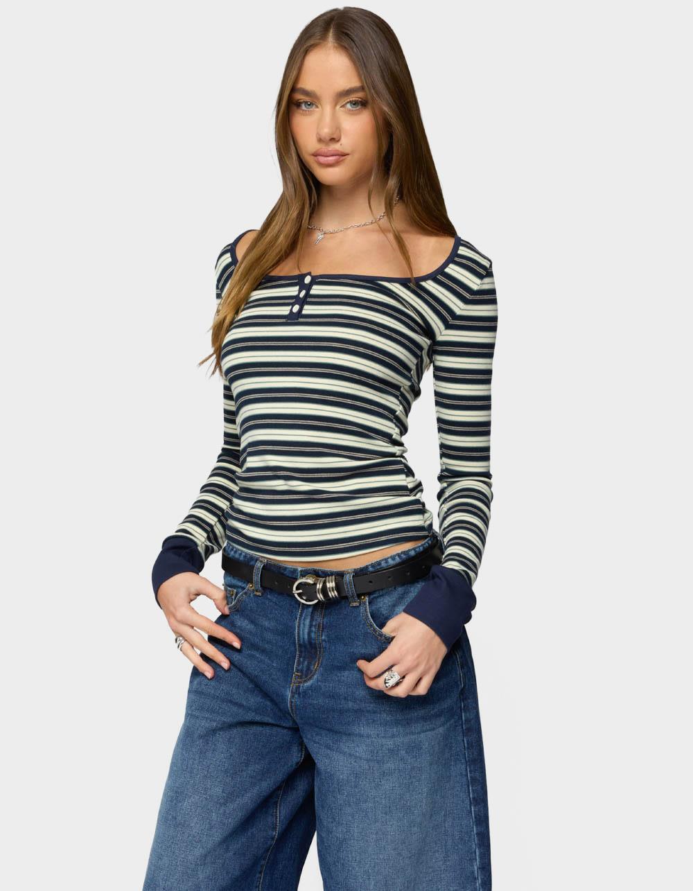 EDIKTED Jaida Striped Henley Top - BLUE