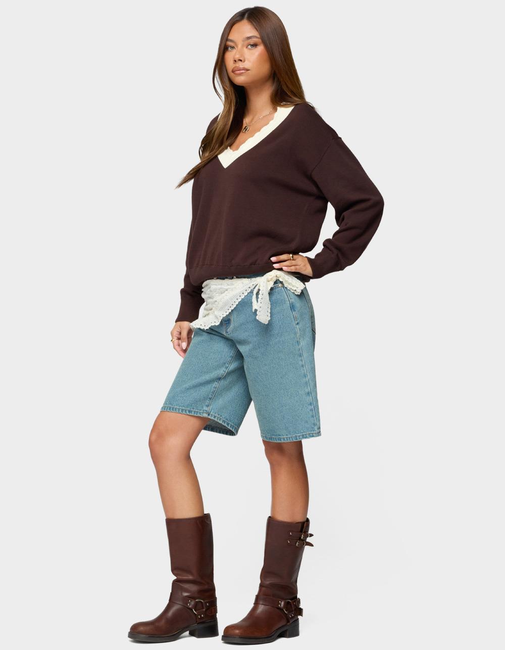 EDIKTED Marie Contrast Lacey V-Neck Sweater - BROWN