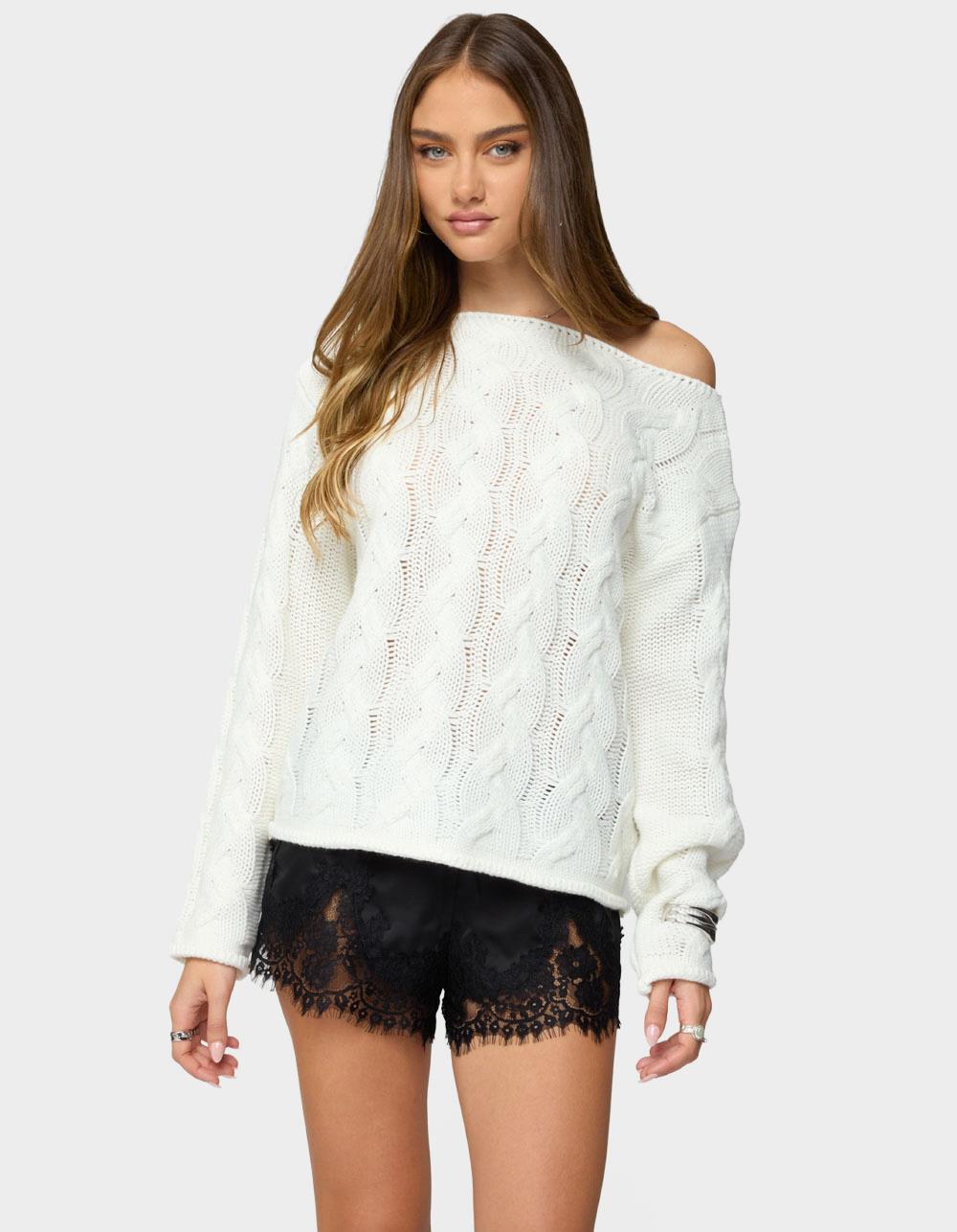 EDIKTED Nellie Off Shoulder Cable Knit Sweater