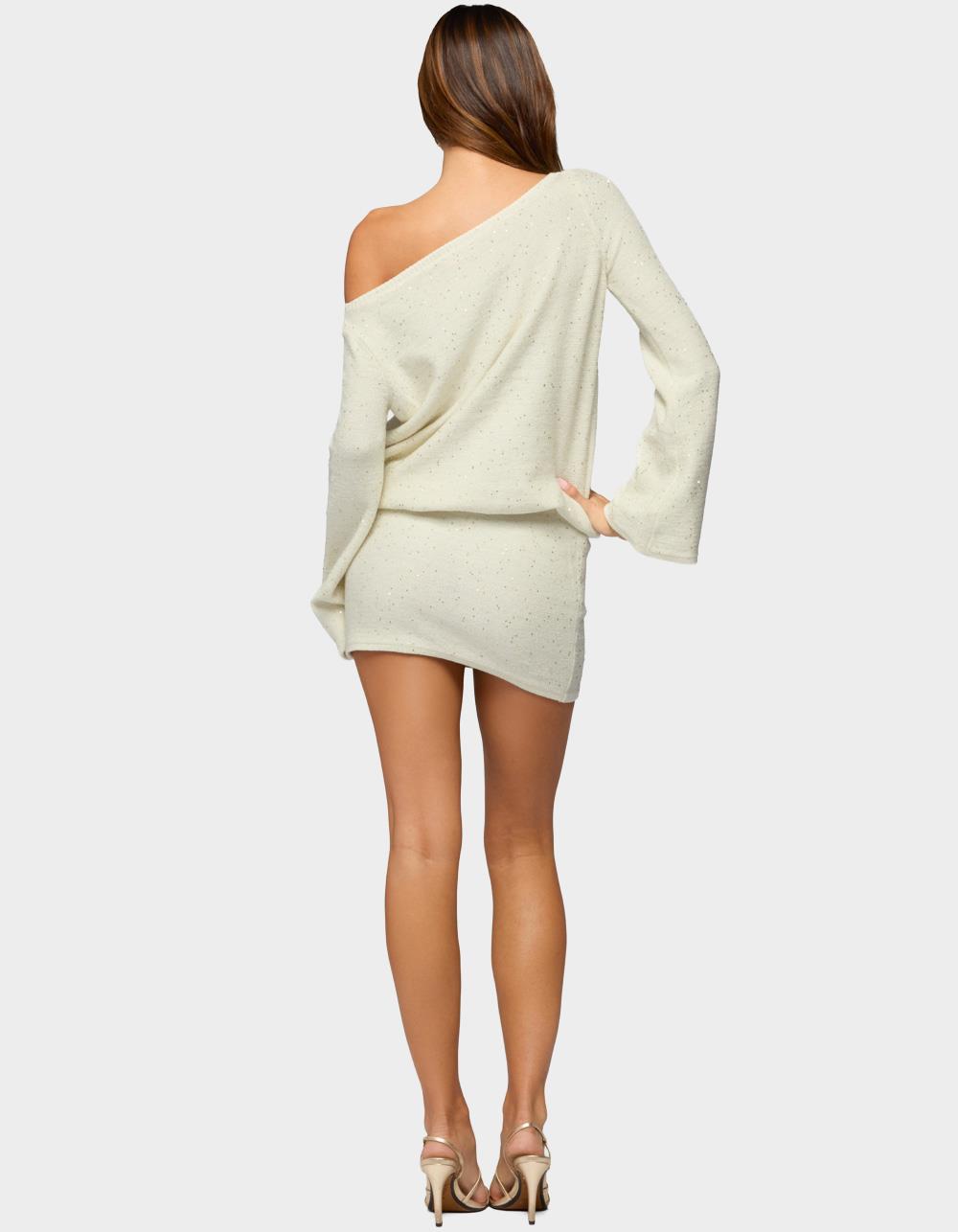 EDIKTED Off Shoulder Sequin Knit Mini Dress