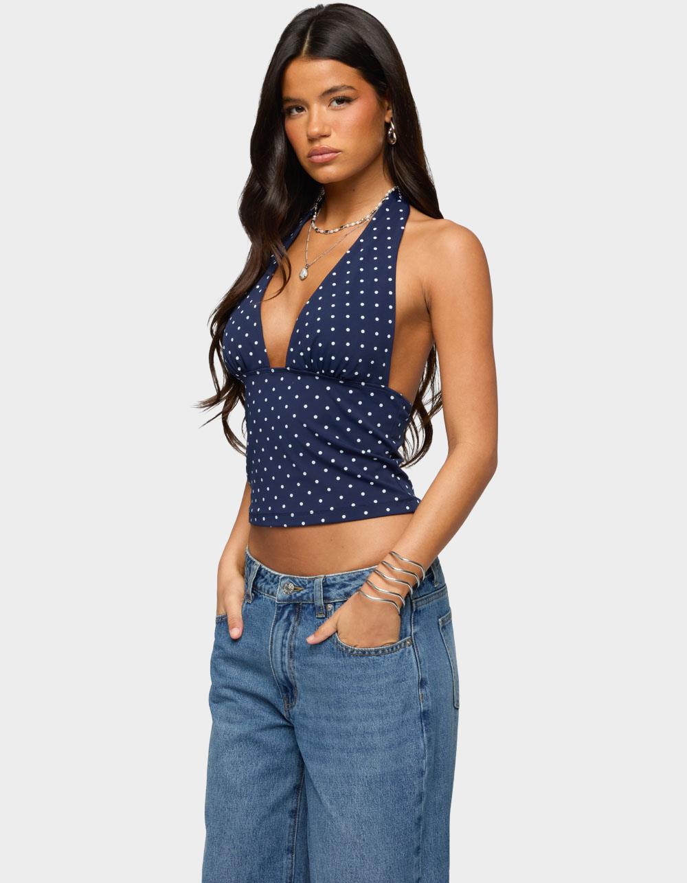 EDIKTED Blaire Polka Dot Halter Top - NAVY