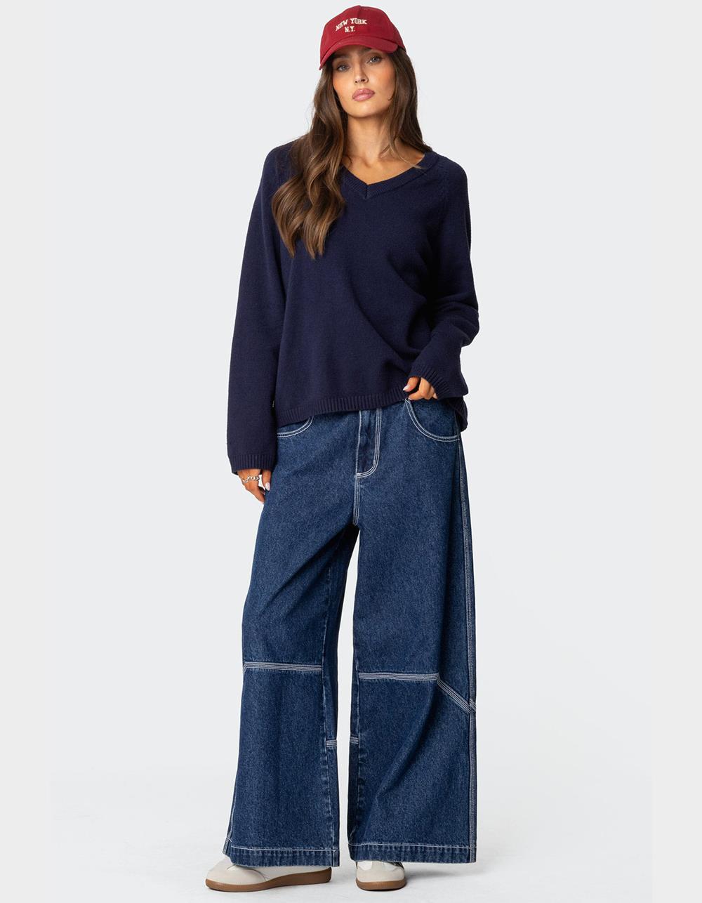 EDIKTED Martha Oversized V-Neck Sweater - NAVY