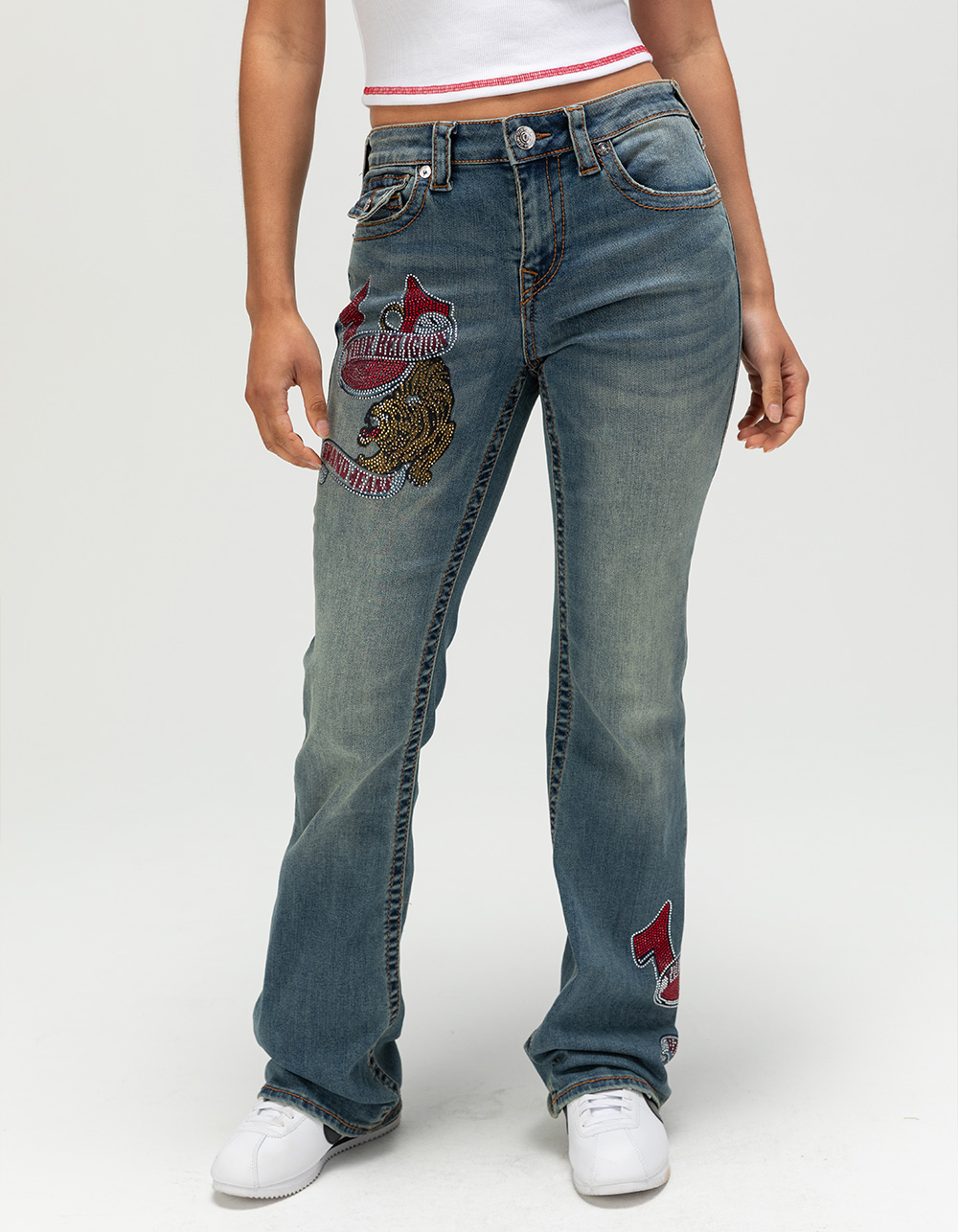 TRUE RELIGION Becca Crystal Tattoo Mid Rise Big T Womens Bootcut Jeans - VINTAGE
