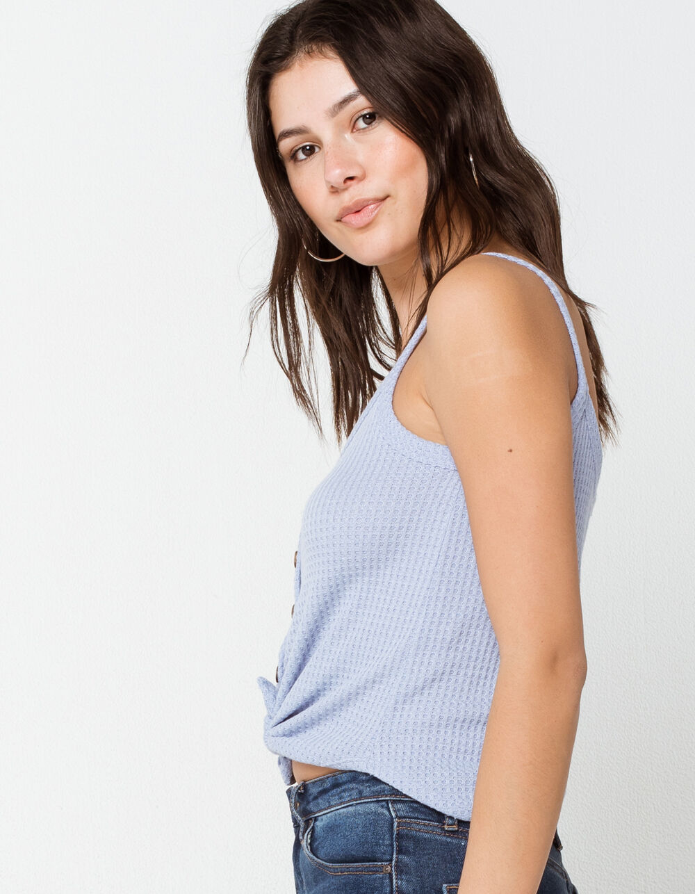 SKY AND SPARROW Thermal Tie Front Womens Light Blue Tank Top LIGHT