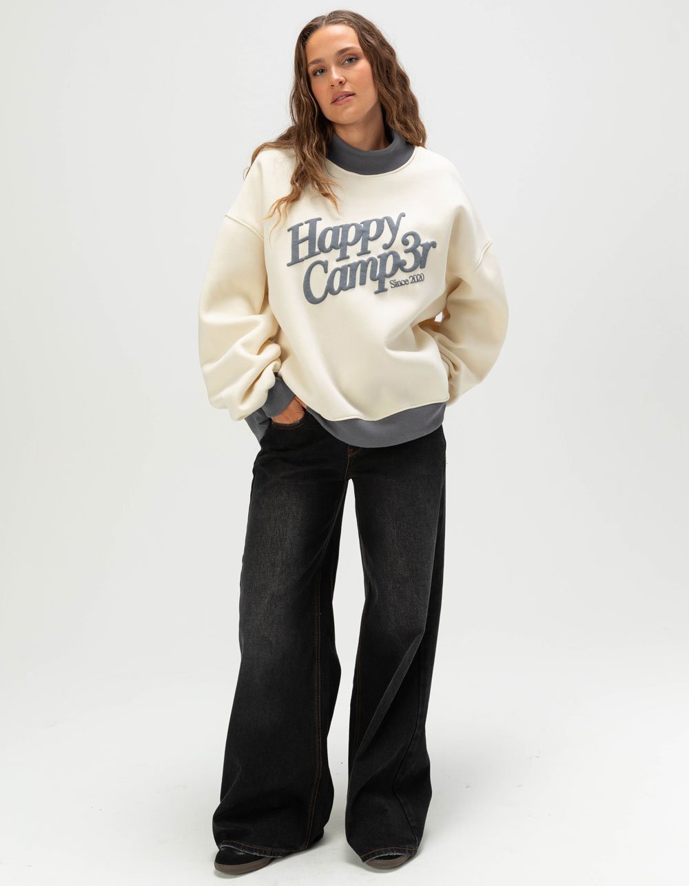 HAPPY CAMP3R Puff Series Womens Mock Neck Sweatshirt - Cream Combo