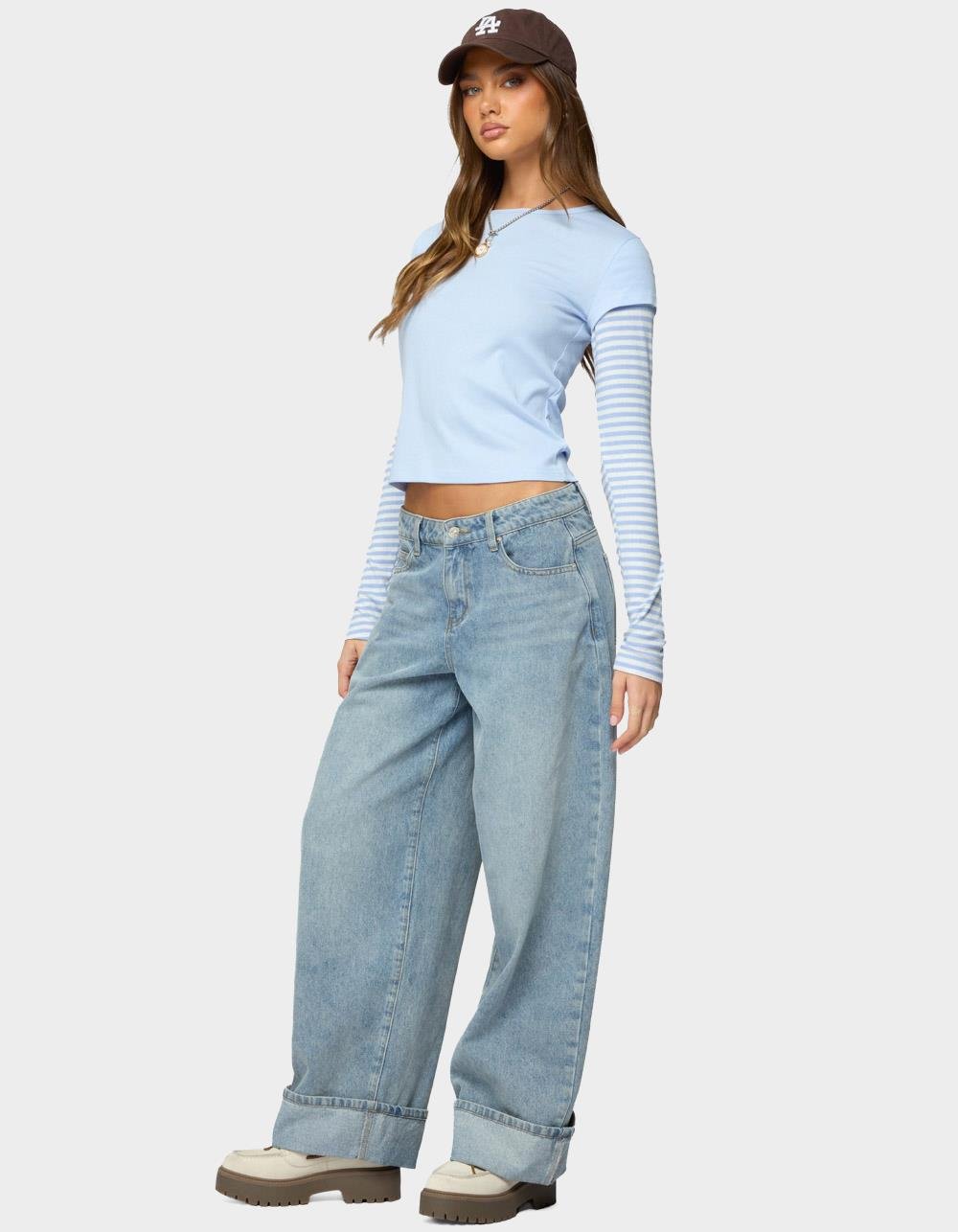 EDIKTED Stripey Layered Long Sleeve Tee - LIGHT BLUE