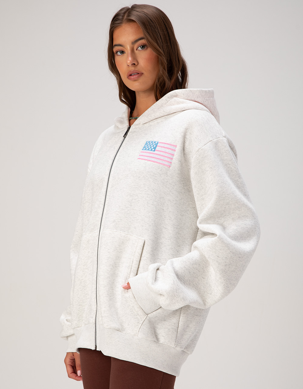 HAPPY CAMP3R Pink Flag Womens Zip-Up Hoodie - HEATHER GRAY