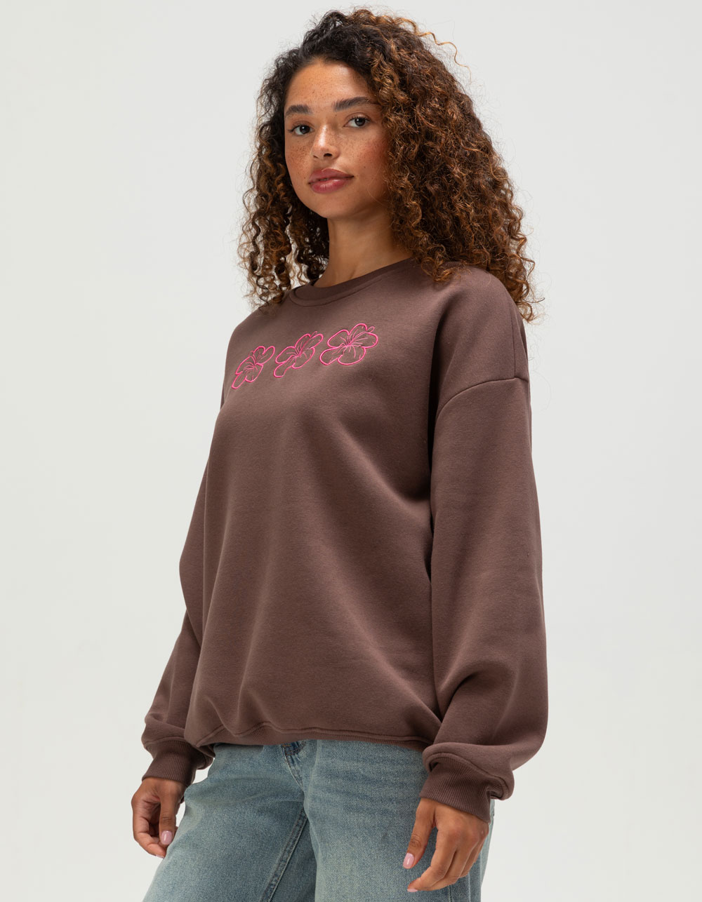 RSQ Womens Hibiscus Embroidered Crewneck Sweatshirt - BROWN