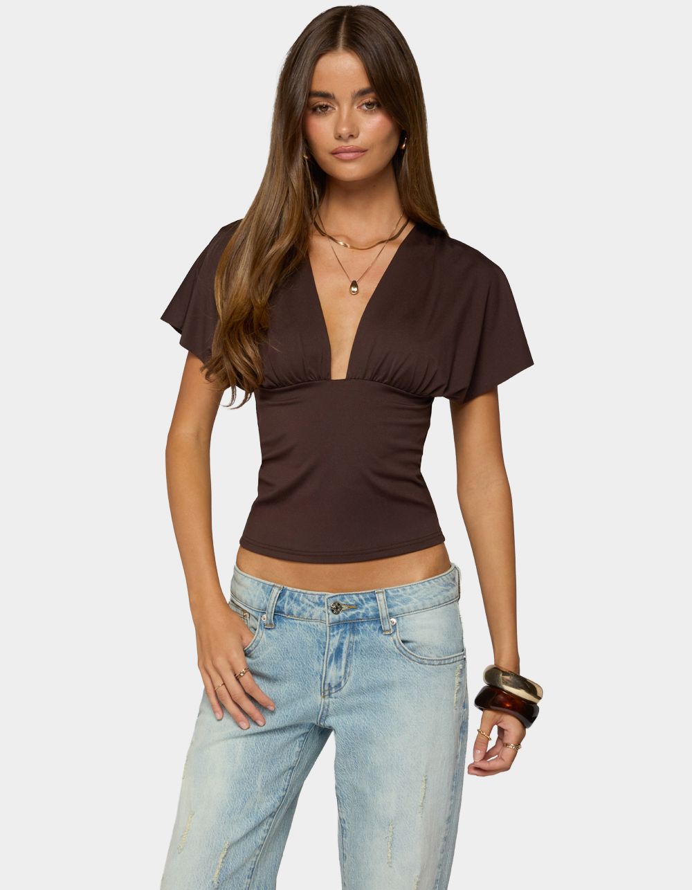 EDIKTED Flutter Plunging V-Neck Top - DARK BROWN