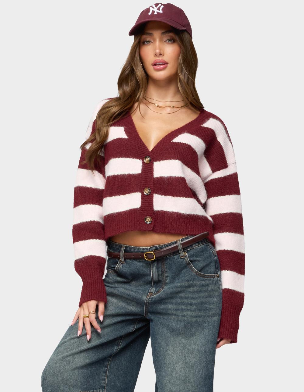 EDIKTED Kaz Striped Knit V-Neck Cardigan - DK RED