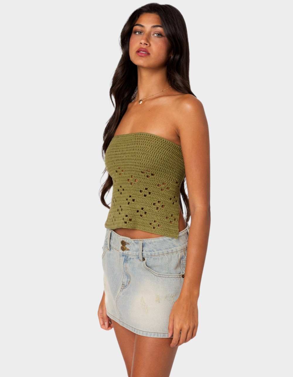 EDIKTED Niki Crochet Strapless Top - DK GREEN