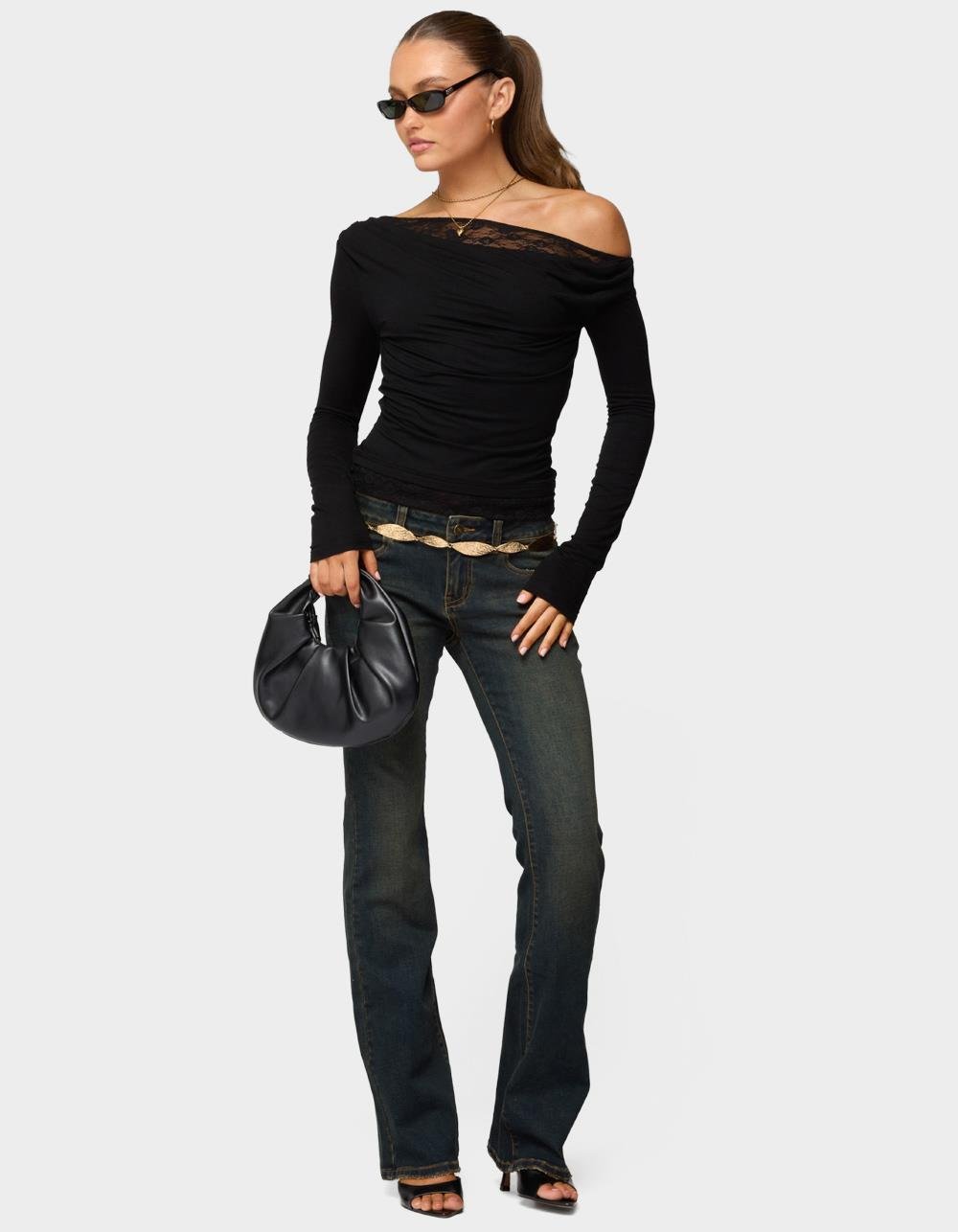 EDIKTED Layered Lacey Off Shoulder Top - BLACK