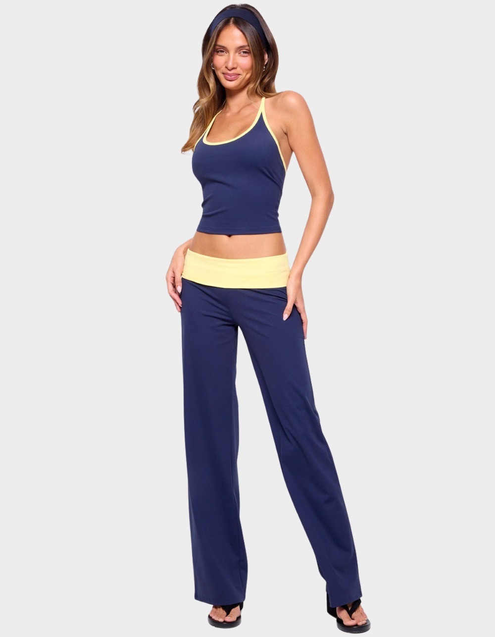 EDIKTED Dayna Contrast Foldover Straight Leg Pants - NAVY