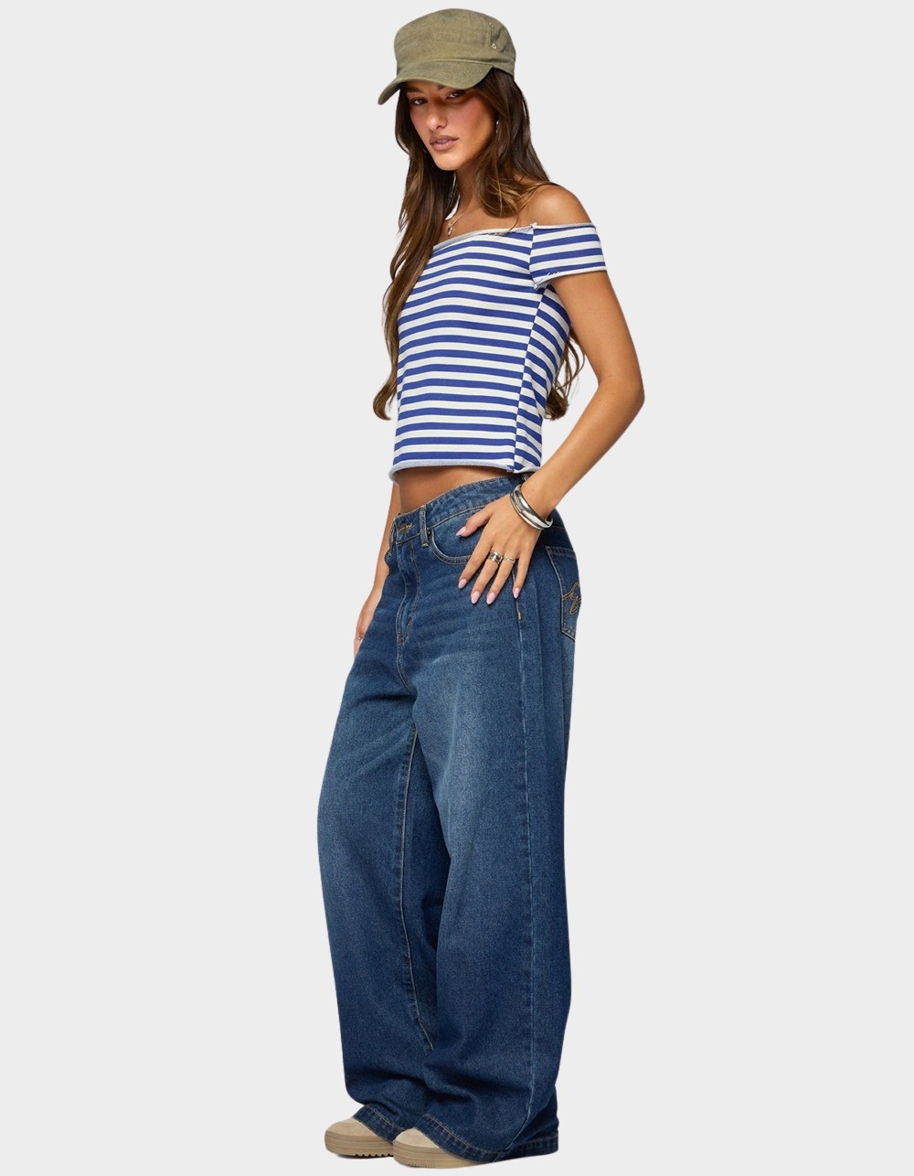 EDIKTED French Terry Striped Off Shoulder Top - LIGHT BLUE