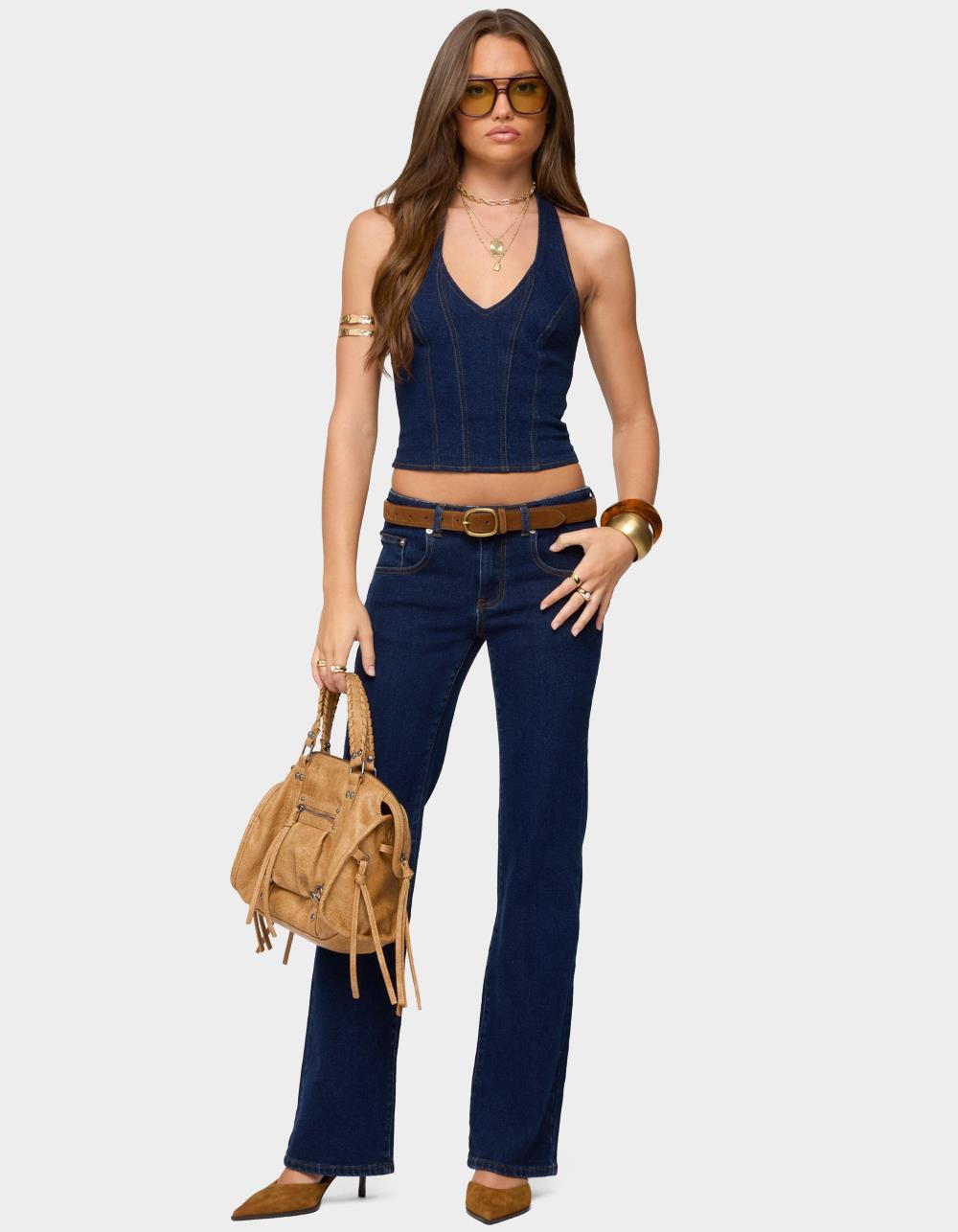 EDIKTED Jemima Contrast Stitch Denim Halter Top - DARK BLUE
